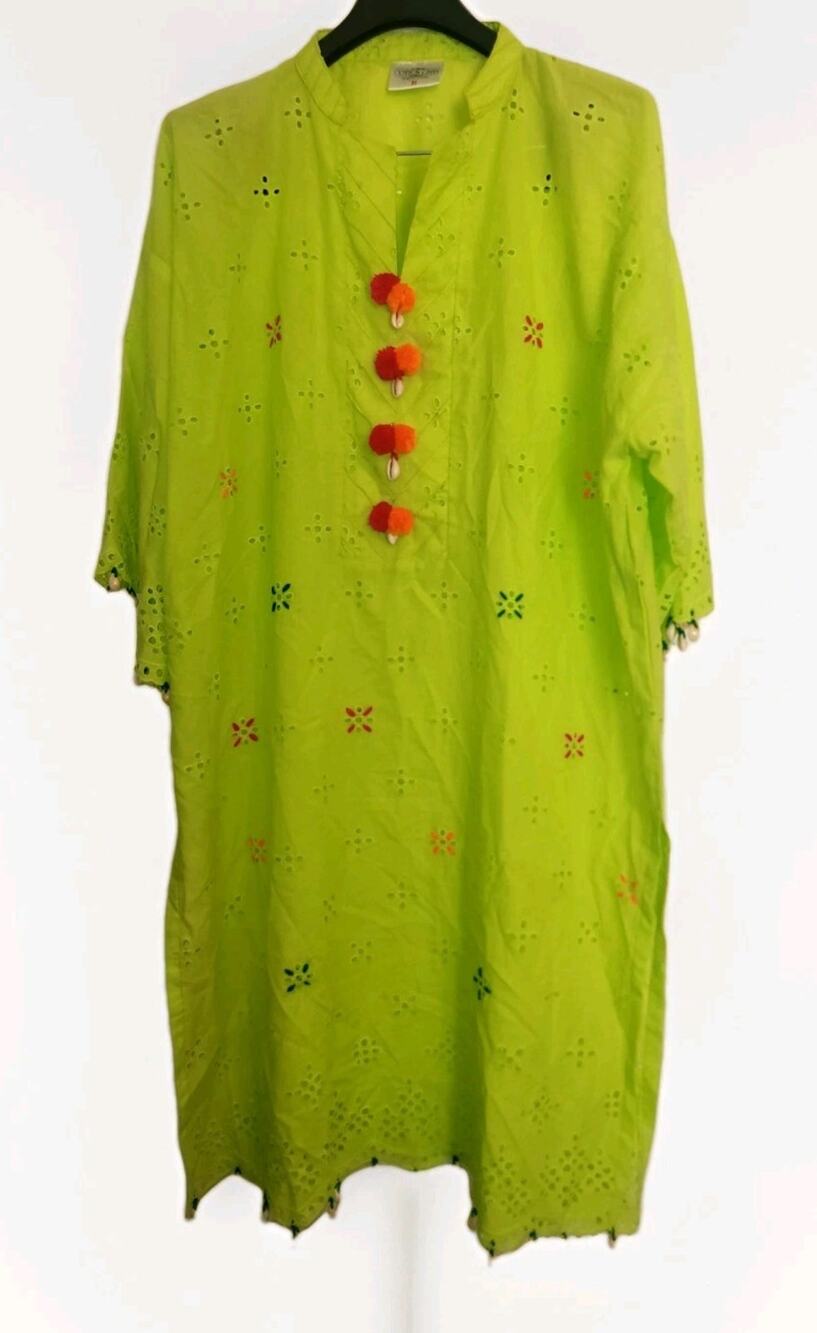 Women's Green Eyelet Embroidery Pom Pom Cowrie Shells Dress Art To Wear Eclectic